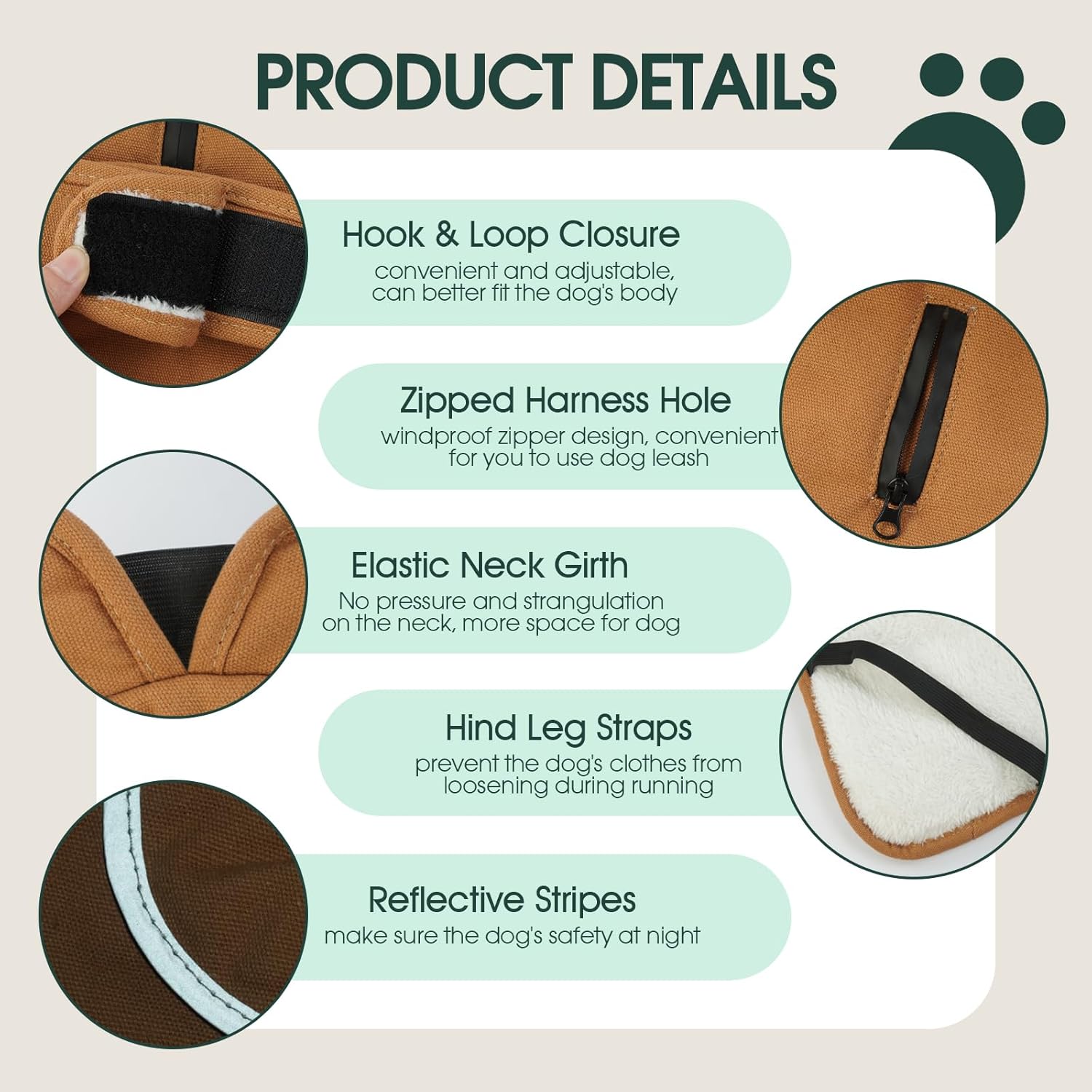 Kuoser Canvas Dog Coat, Warm Dog Jacket Reflective Fleece Pet Cold Weather Coat, Warm Doggie Clothes Waterproof Winter Vest with Zipper Leash Hole for Small Medium Large Dogs, Brown L